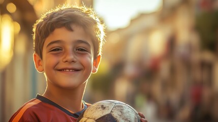 Naklejka premium portrait of a smiling boy holding his soccer ball