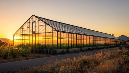 Obraz premium A long, rectangular greenhouse with glass walls and roof stands on the side of an open field at sunset
