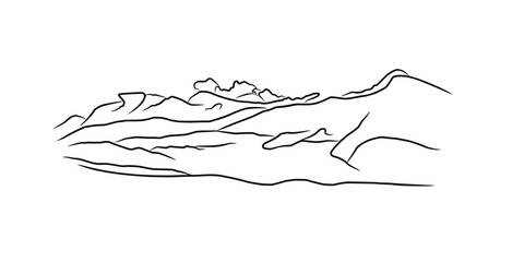 A minimalist black and white vector illustration of a mountain range. The simple line art style highlights the natural beauty of the peaks and valleys, ideal for outdoor and travel-themed designs
