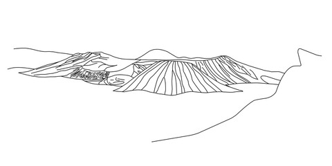 A minimalist black and white vector illustration of a mountain range. The simple line art style highlights the natural beauty of the peaks and valleys, ideal for outdoor and travel-themed designs © VECTADI