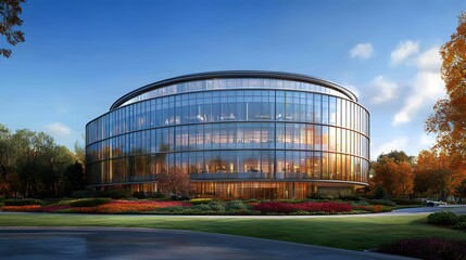 Naklejka premium Large glass building and sustainable green office structure with extensive greenery in urban environment
