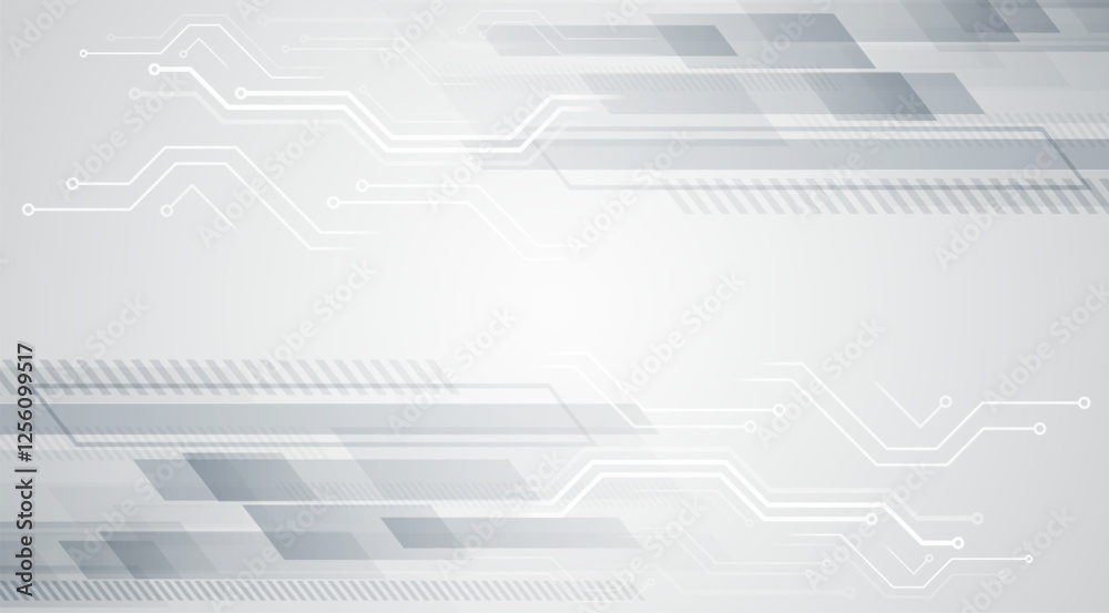 Poster Abstract hi tech communication for presentation or banner. Sci-fi gray background with various technology elements. Science concept, light lines and circuit board.
