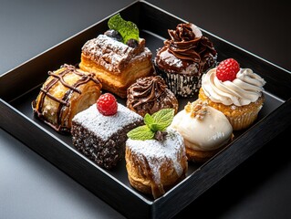 Gourmet pastry showcase elegant black tray food photography upscale environment bird's eye view striking presentation