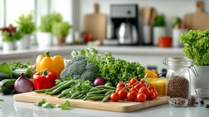 Vibrant fresh vegetables and legumes on modern kitchen countertop with rustic touches