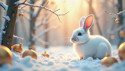 Obraz premium Cute white rabbit in snowy forest with golden ornaments