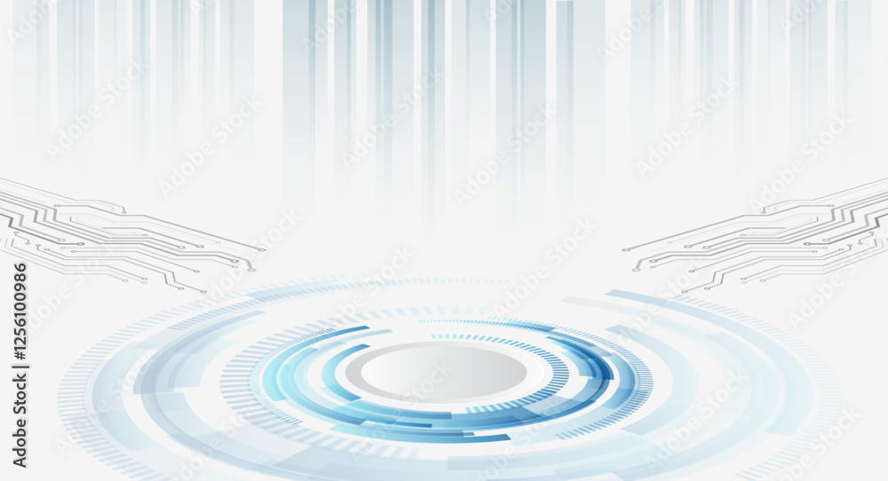 Leinwandbilder Science concept, circles with shadows and circuit board. Abstract hi tech communication for presentation or banner. Sci-fi gray background with various technology elements.