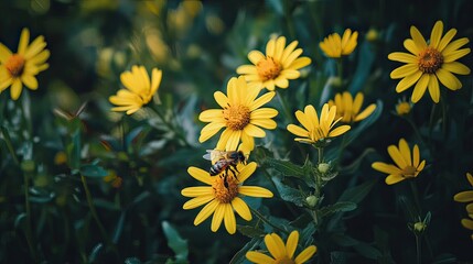 Bee pollinating yellow daisies in garden, blurred background, nature