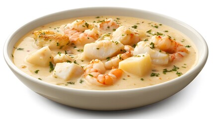 Creamy Seafood Chowder: A hearty bowl of creamy seafood chowder brimming with succulent shrimp, chunks of fish, and tender potatoes, garnished with fresh parsley.  The rich.
