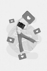 Vertical creative photo collage of young headless girl camera instead of head holding big like icon...