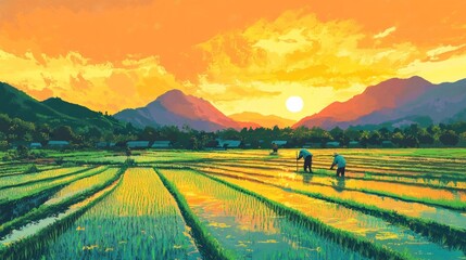 Obraz premium Golden Hour Rice Paddies: Farmers Working at Sunset
