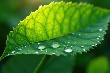 Water droplets adorn the veins of a sunlit leaf, tiny drops, leaf details