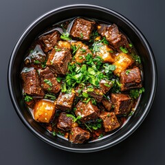 Fototapeta premium Savory beef stock in dark ceramic bowl overhead light angle culinary photography cozy kitchen environment rich flavor concept