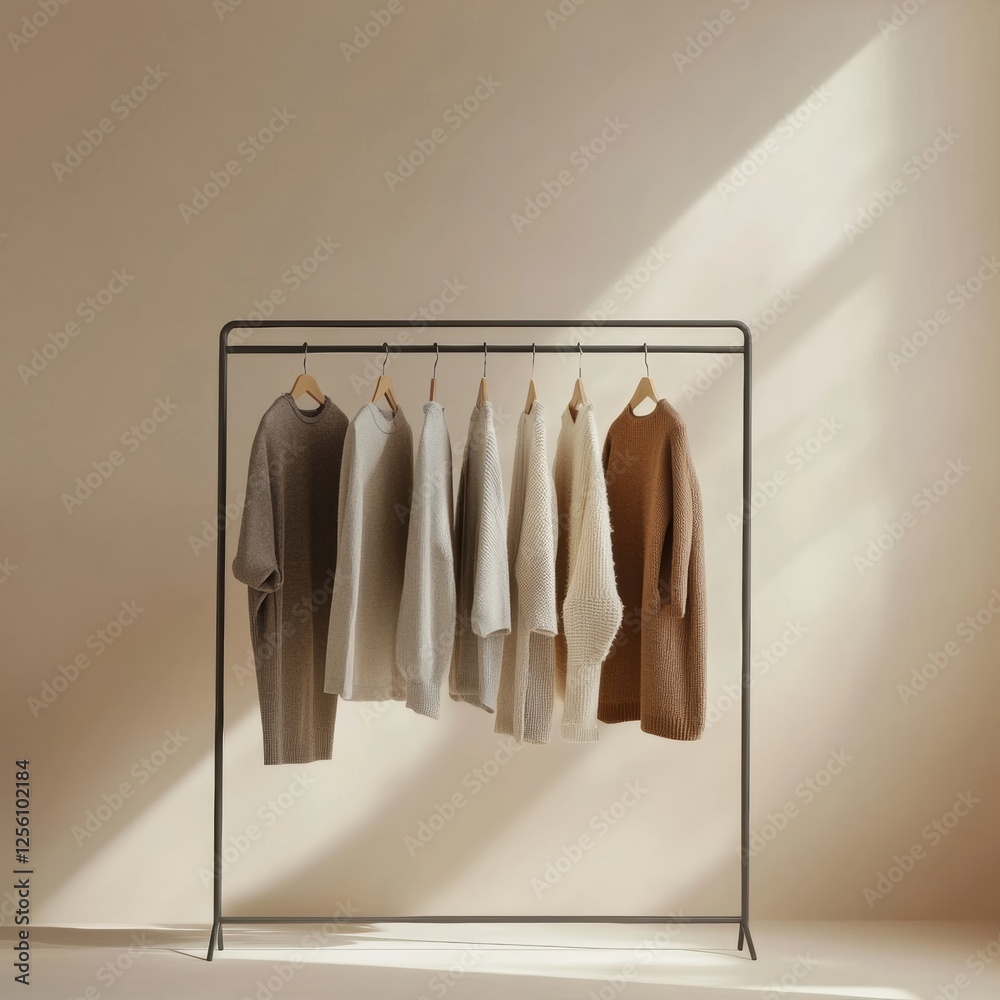Poster Minimalist clothing rack displays neatly arranged garments in soft, warm tones in a well lit space. Generative AI