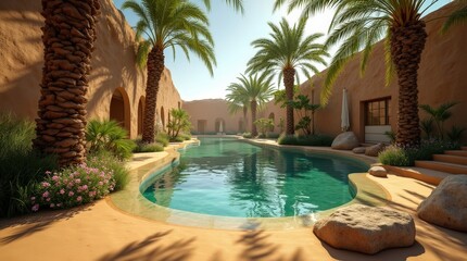 Obraz premium Serene pool view surrounded by palm trees in a desert oasis retreat