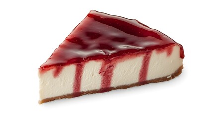 Strawberry Cheesecake Slice: A tantalizing slice of classic cheesecake, adorned with a glossy red strawberry topping, captures the essence of sweet indulgence.