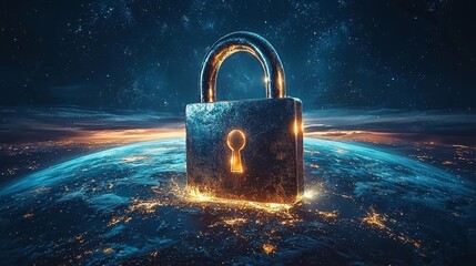 A Padlock Icon Floating Over a Glowing and Secure Earth Representing Global Data Protection in a Modern Design