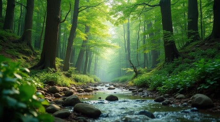 Obraz premium Sunlight filters through trees in a tranquil forest with a flowing stream