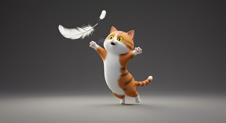 Fototapeta premium Cartoon Cat Chasing Feather With Joyful Expression And Arms Outstretched