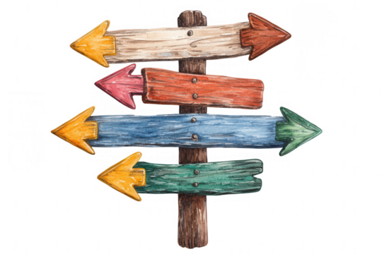Colorful wooden directional sign with multiple arrows pointing in different directions over a white background, ideal for guiding outdoor adventures and events