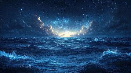Fototapeta premium Starry Night Ocean Waves Landscape