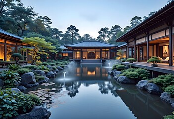 Obraz premium Japanese garden in a modern mansion, with ornamental pond, wooden bridge