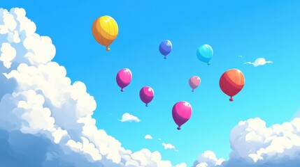 A cheerful scene of colorful balloons flying high in the blue sky, surrounded by light, fluffy clouds, creating a joyful atmosphere.
