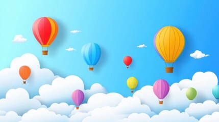 A cheerful scene of colorful balloons flying high in the blue sky, surrounded by light, fluffy clouds, creating a joyful atmosphere.