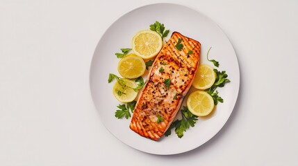 Pan-Seared Salmon with Lemon: A perfectly pan-seared salmon fillet, glistening with a flavorful sear, rests on a bed of fresh parsley and lemon slices.