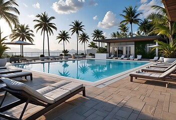 Obraz premium Outdoor heated pool surrounded by stylish sun loungers - 02
