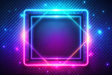 Neon square frame glowing; abstract cosmic background; digital art; design template