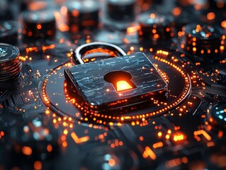 Glowing Padlock Icon Integrated into Secure Financial Data Visualization with Digital Coins and Graphs