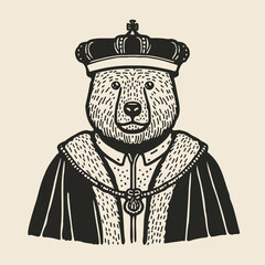 bear wearing renaissance era clothes and a crown, medieval style vintage portrait illustration