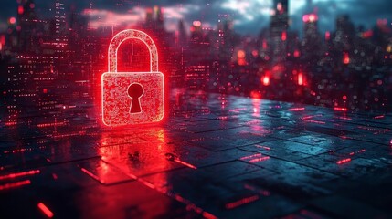 Radiant Padlock Icon Glowing Amidst Digital Data Streams in Backdrop