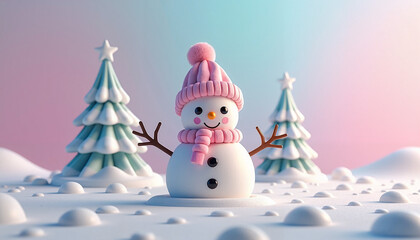 Cute snowman with pink hat and scarf surrounded by snowy trees