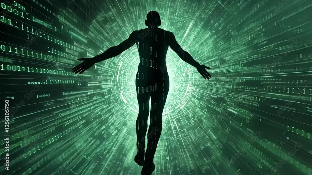 Wall mural human silhouette with open arms is floating in digital cyberspace tunnel and absorbing data flow, ge