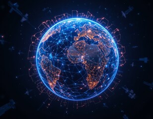 Obraz premium Futuristic digital Earth with glowing communication networks and satellite structures in deep space Generative AI