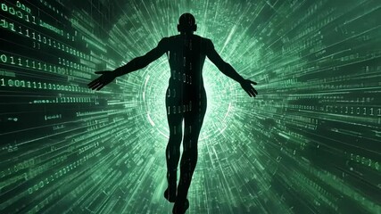 Human silhouette with open arms is floating in digital cyberspace tunnel and absorbing data flow, generating a futuristic and technological concept - Powered by Adobe