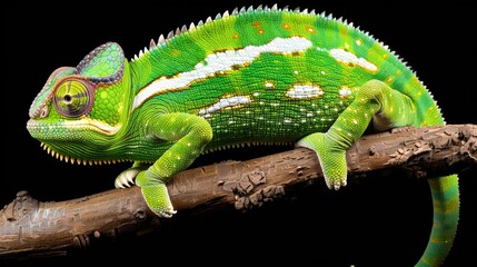 Obraz premium A vibrant green chameleon perched on a wooden branch against a black backdrop, showcasing its detailed scales and unique coloration, Ideal for nature publications, educational materials