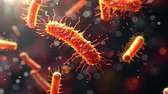 red bacteria and microorganisms in space 3d animated video of microbial life in zero gravity and cosmic environments. Selective focus.