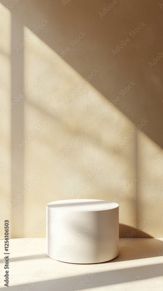 Poster A serene minimalist setting showcases a round white container gently illuminated by sunlight. Soft shadows dance on a textured beige wall, creating a tranquil atmosphere perfect for beauty products