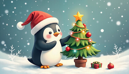 Penguin with Santa hat decorating small Christmas tree