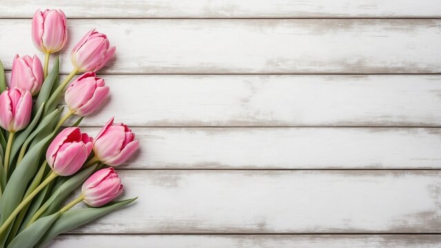 Pink tulips on white wash rustic wood board background