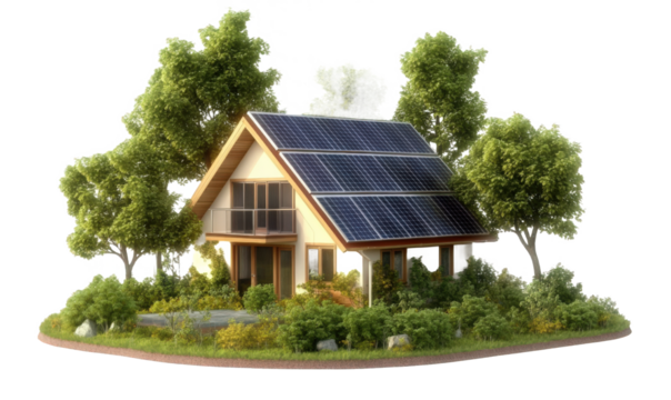 A model of a small house with solar photovoltaic panels installed on the roof