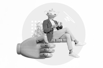 Creative poster collage of bizarre young worker sit huge artificial wooden finger have work rest drink coffee tea