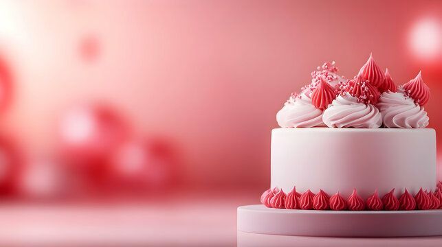 A beautiful pink cake adorned with swirls and festive decorations, perfect for celebrations and special occasions.