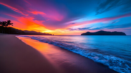 Fototapeta premium A breathtaking sunset over a tranquil beach, showcasing vibrant colors reflecting on a calm sea, perfect for relaxation and inspiration.