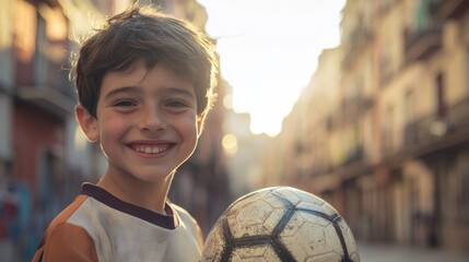Naklejka premium portrait of a smiling boy holding his soccer ball