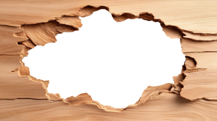 big hole in wooden wall isolated on transparent background