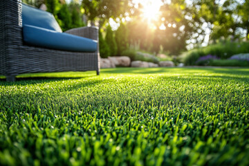 A Perfectly Manicured Artificial Lawn, Green Synthetic Fibers, Garden Furniture Nearby