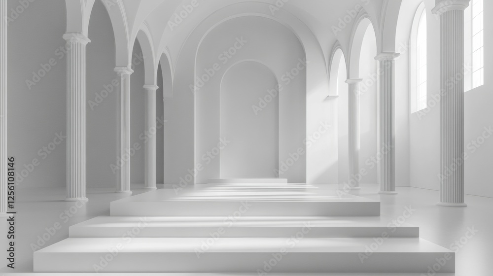 Poster Monochromatic runway adorned with clean lines and soft lighting in a minimalist design setting for a fashion showcase. Generative AI